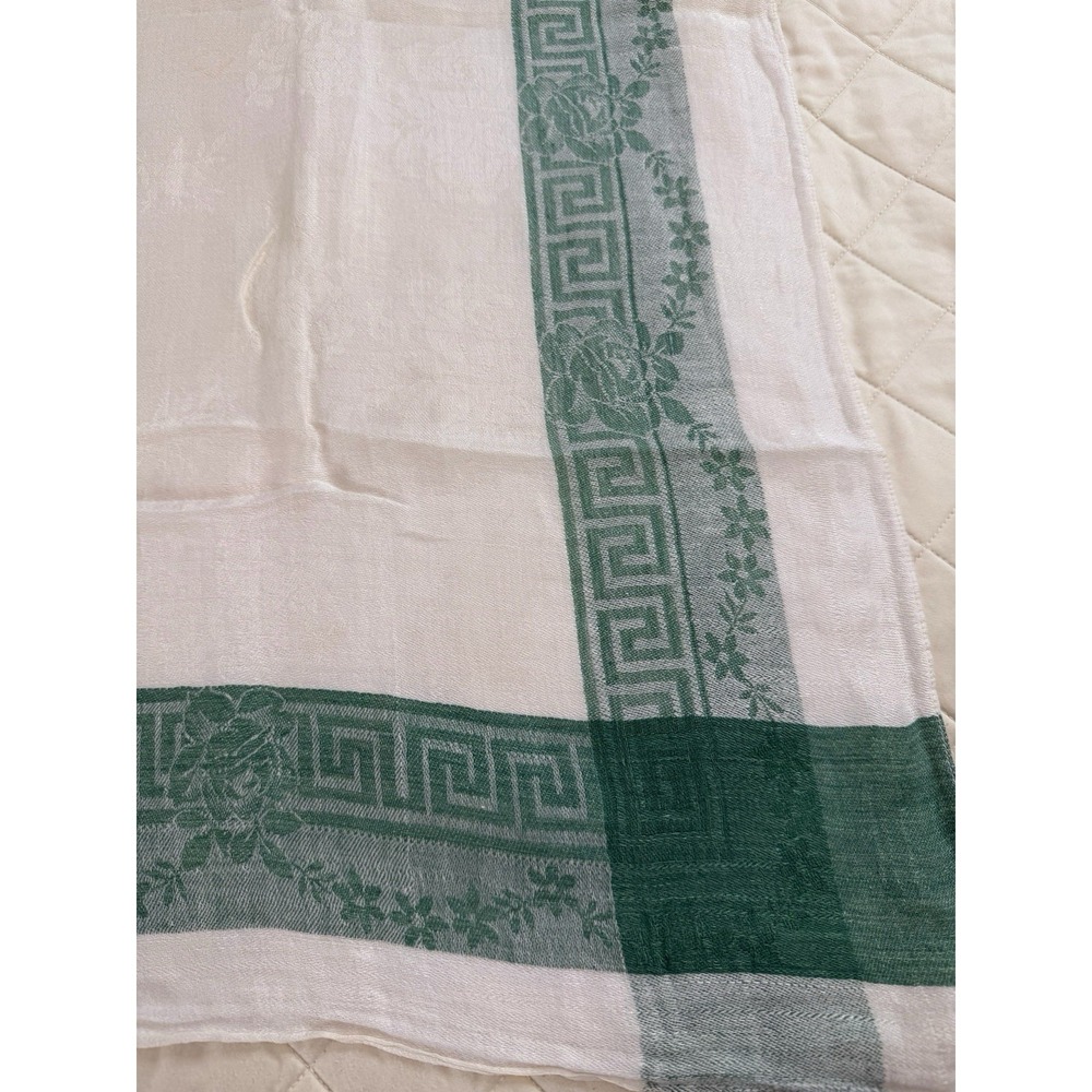 Vintage Linen Damask Tablecloth 32x32 Green Greek Key Floral Border